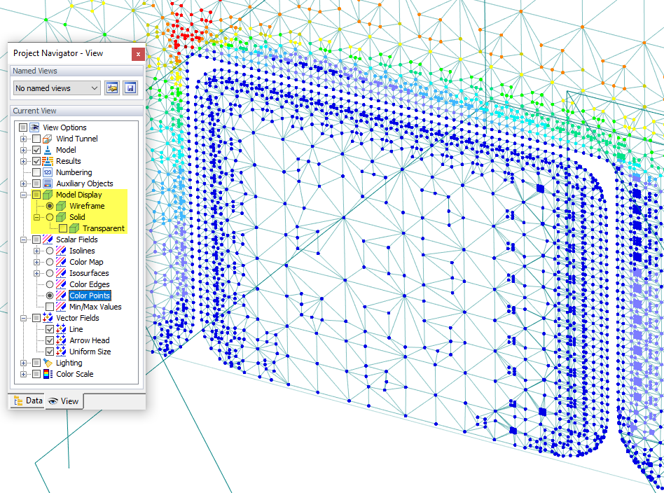 Visualizzazione dei punti di colore del campo di pressione per il modello wireframe